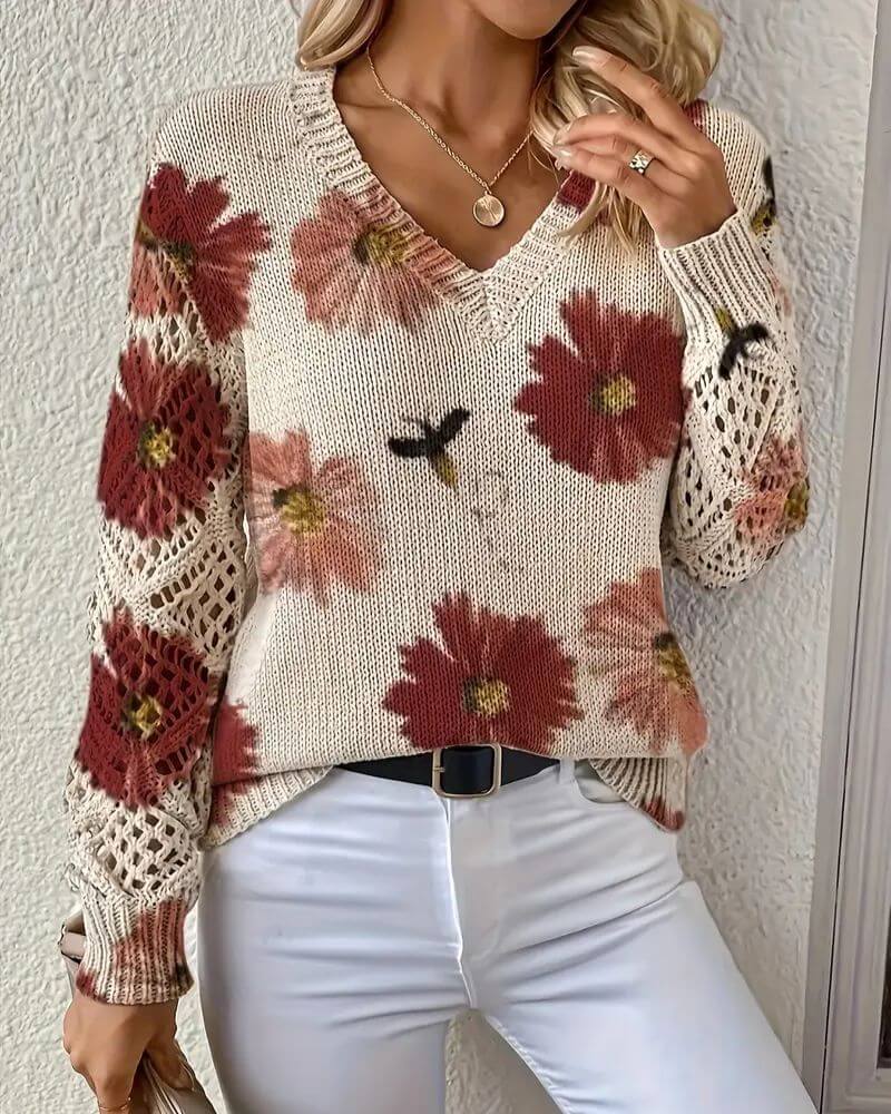 Ulrika™ - Elegant Blomstrete Strikkegenser