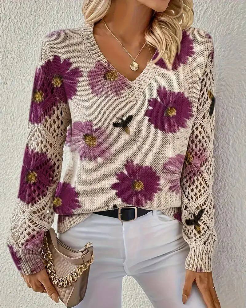 Ulrika™ - Elegant Blomstrete Strikkegenser